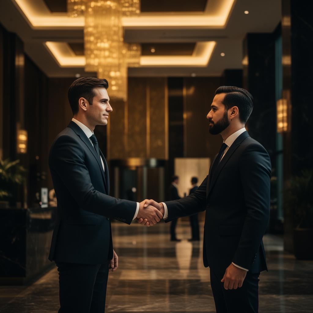 Two business professionals shaking hands in a luxury setting